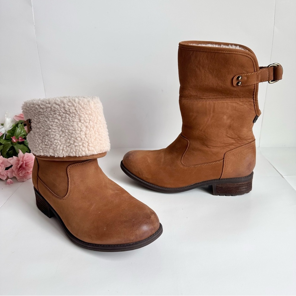 UGG Aldon Chesnut Leather Fold Over Buckle Strap Water-resistant Boots